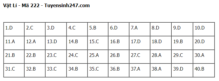 Giáo dục - Đề thi, đáp án môn Vật lý mã đề 222 thi tốt nghiệp THPT 2023