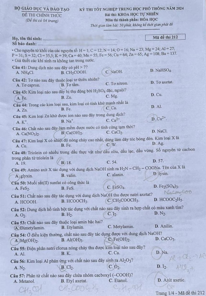 Giáo dục - Đề thi, đáp án môn Hóa học kỳ thi tốt nghiệp THPT 2024 mã đề 212