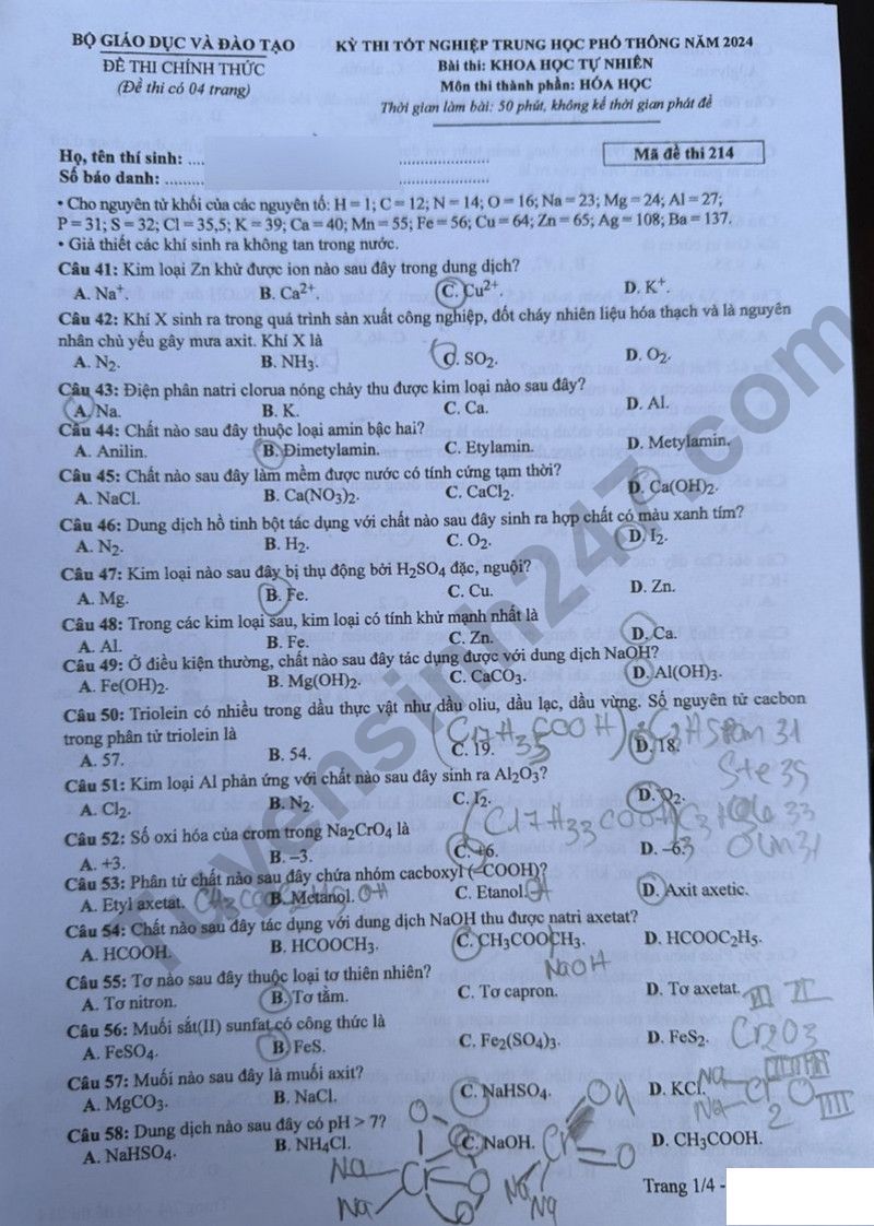 Giáo dục - Đề thi, đáp án môn Hóa học kỳ thi tốt nghiệp THPT 2024 mã đề 214