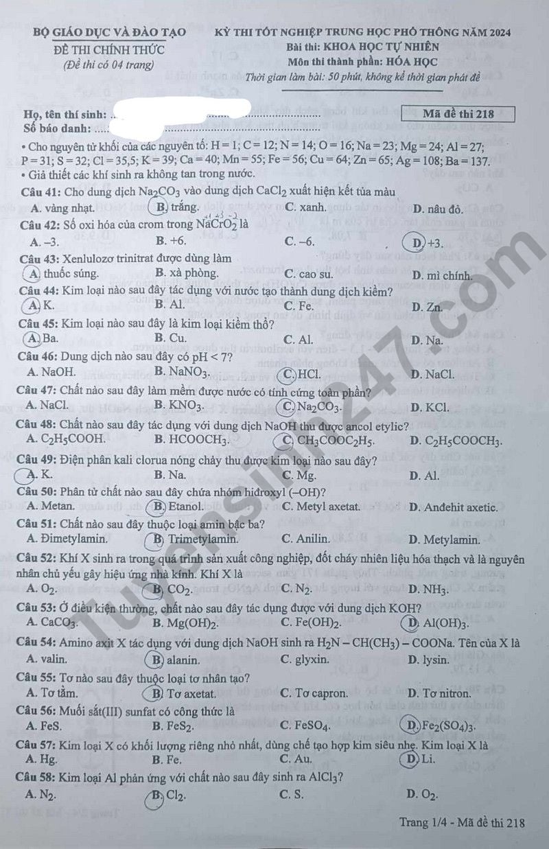 Giáo dục - Đề thi, đáp án môn Hóa học kỳ thi tốt nghiệp THPT 2024 mã đề 218