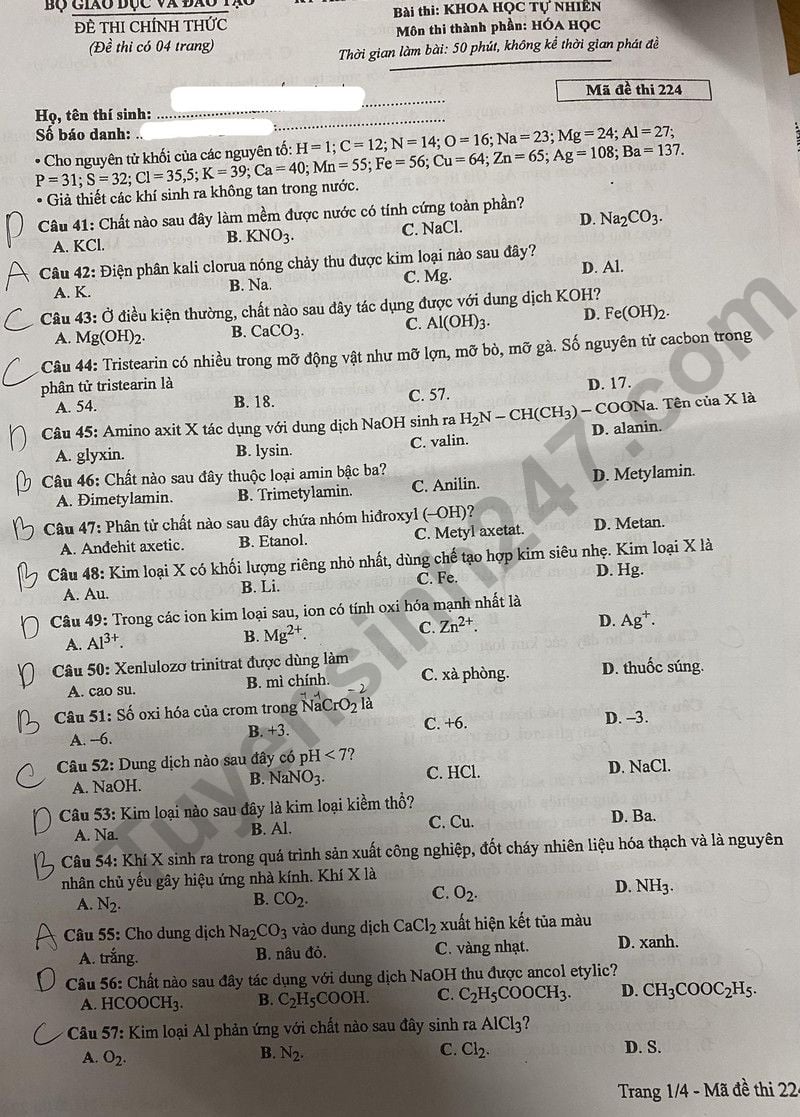 Giáo dục - Đề thi, đáp án môn Hóa học kỳ thi tốt nghiệp THPT 2024 mã đề 224