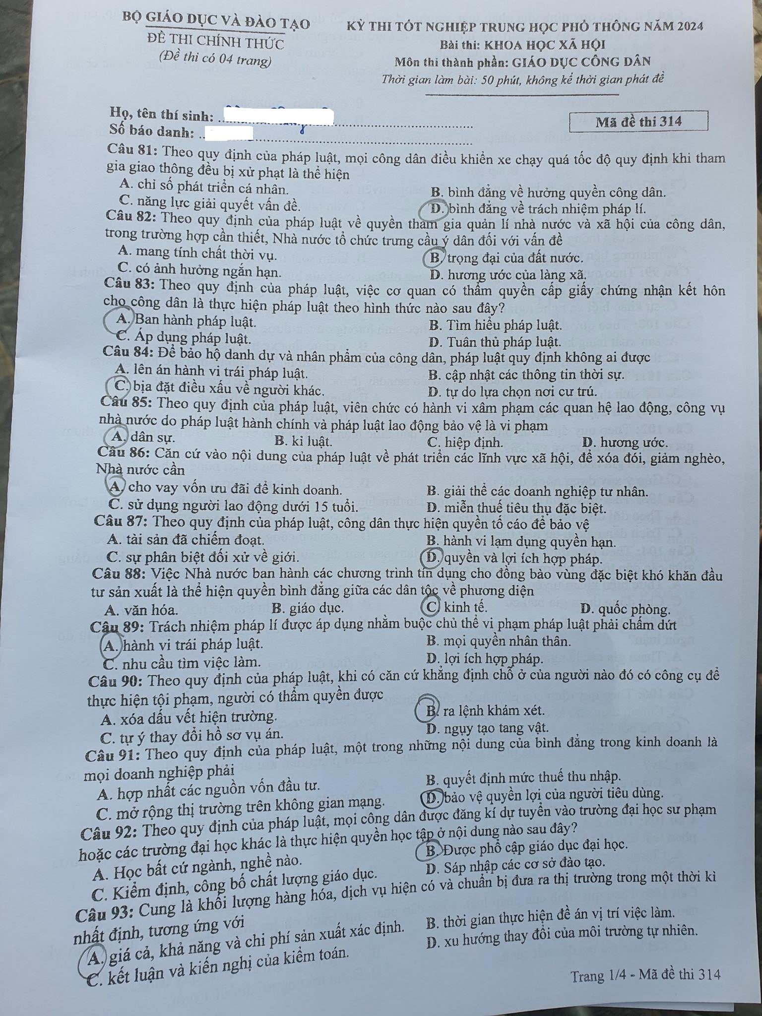 Giáo dục - Đáp án, đề thi môn GDCD mã đề 314 thi THPT 2024 chuẩn nhất, chính xác