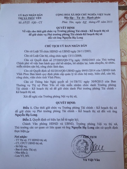 X&atilde; hội - Vĩnh Ph&uacute;c: Ch&iacute;nh thức c&aacute;ch chức trưởng ph&ograve;ng nhờ nh&acirc;n vi&ecirc;n thi hộ (H&igrave;nh 2).