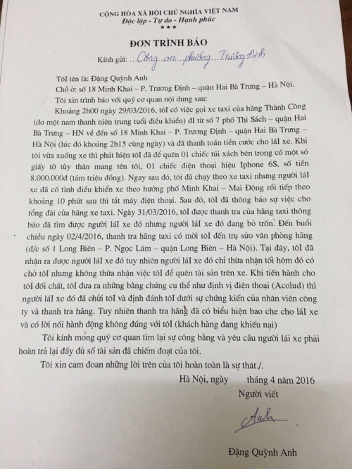 Pháp luật - Khách tố lái xe Taxi Thành Công lấy 8 triệu, iphone 6s và dọa đánh (Hình 2).