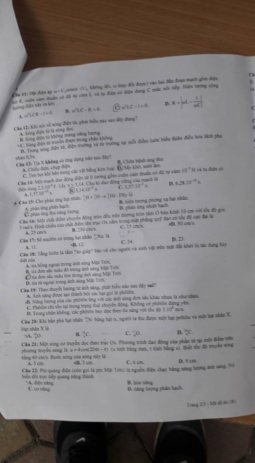 Xã hội - Đáp án đề thi môn Vật Lý tốt nghiệp THPT quốc gia 2016 mã đề 381 (Hình 3).