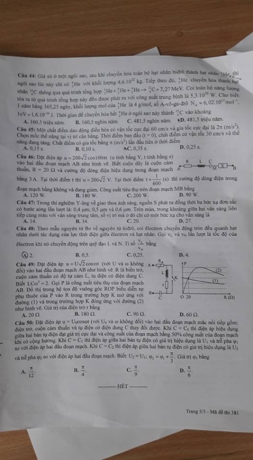Xã hội - Đáp án đề thi môn Vật Lý tốt nghiệp THPT quốc gia 2016 mã đề 381 (Hình 6).