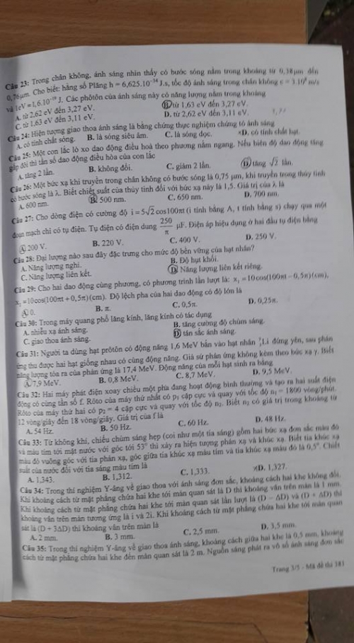 Xã hội - Đáp án đề thi môn Vật Lý tốt nghiệp THPT quốc gia 2016 mã đề 381 (Hình 4).