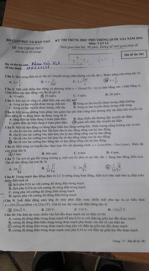 Xã hội - Đáp án đề thi môn Vật Lý tốt nghiệp THPT quốc gia 2016 mã đề 381 (Hình 2).