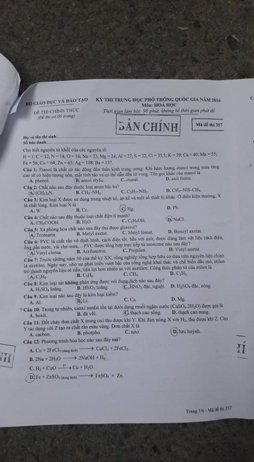 Xã hội - Đáp án đề thi môn Hóa tốt nghiệp THPT năm 2016 mã đề 357 (Hình 2).