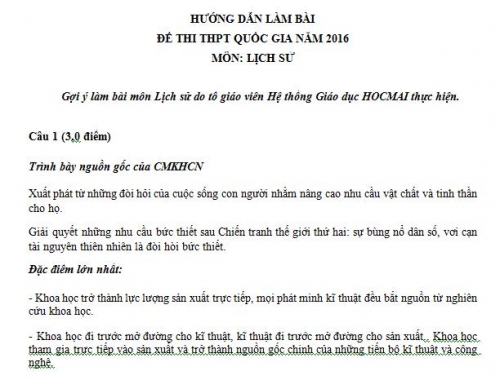 Xã hội - Đáp án đề thi môn Lịch sử THPT Quốc gia năm 2016