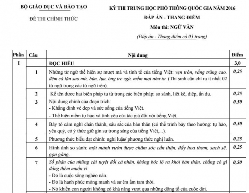 Xã hội - Đáp án đề thi môn Văn THPT Quốc gia 2016 của Bộ Giáo dục