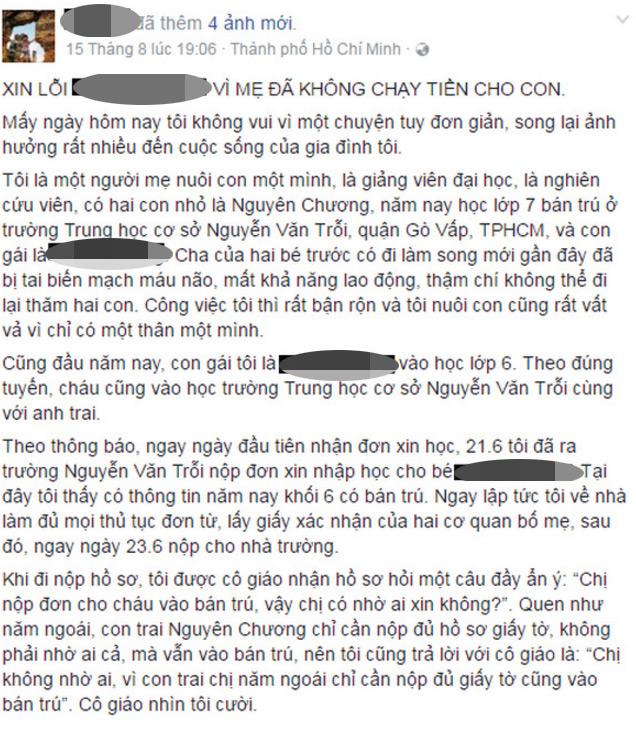 Xã hội - Phụ huynh tố không chạy 'tiền lót tay' trường không xếp lớp bán trú