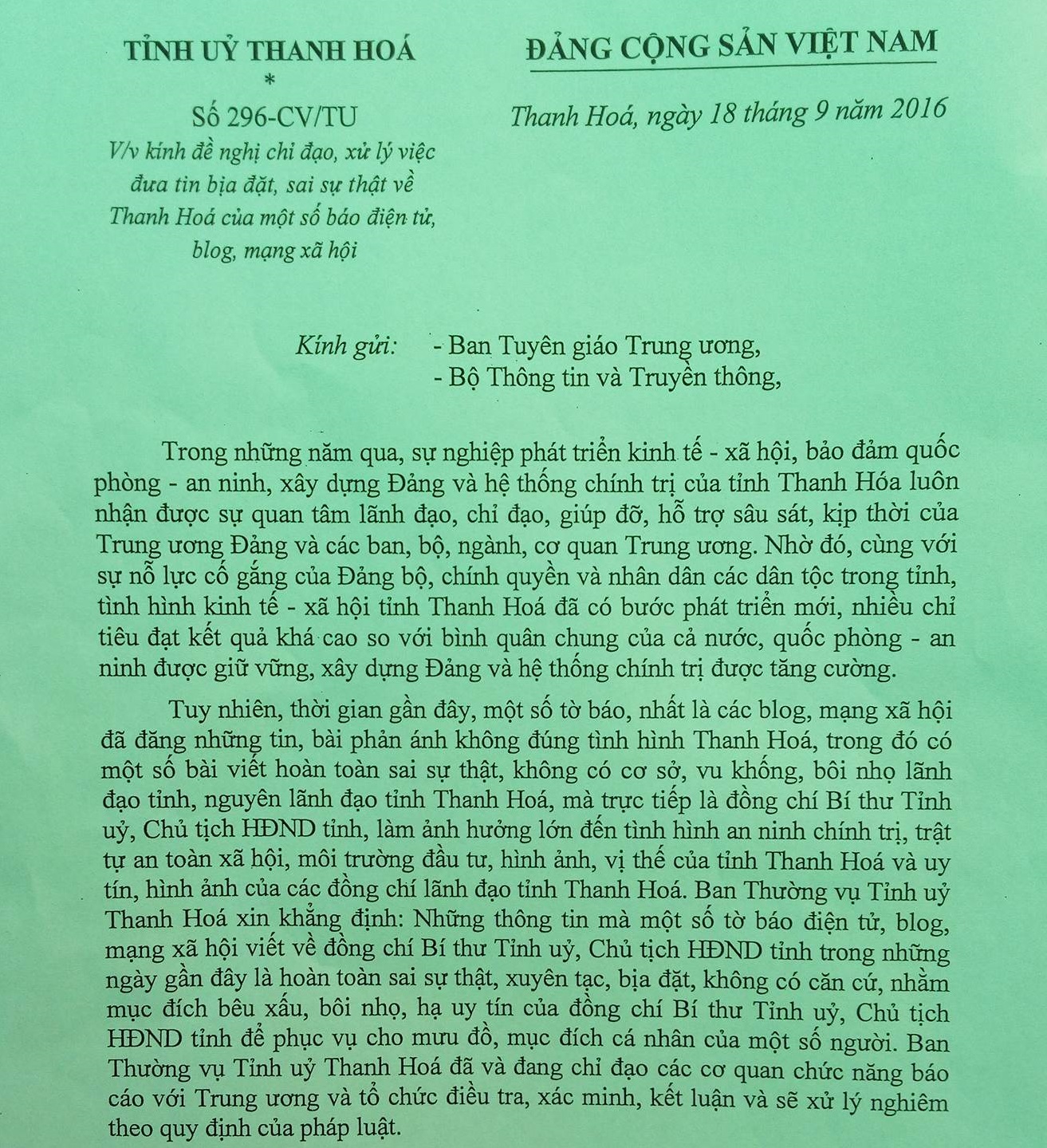 Pháp luật - Tỉnh ủy Thanh Hóa phủ nhận tin đồn xấu về bí thư