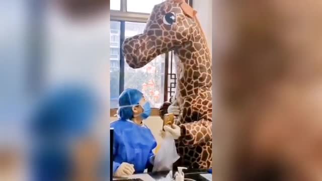 Video:  Sợ nhiễm bệnh Covid-19, cô gái hóa trang thành hươu cao cổ khi vào bệnh viện 
