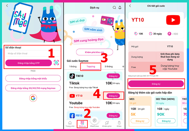 Cách đăng ký các gói Topping Saymee chỉ 10K/ 30 ngày thả ga lướt Facebook, Youtube, Tik Tok và Netflix