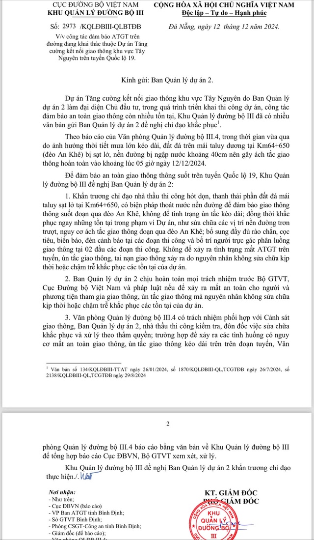 Văn bản của Khu Quản lý đường bộ III - Cục Quản lý đường bộ Việt Nam đề nghị đơn chủ đầu tư đảm bảo an toàn giao thông khu vực đèo An Khê sau sạt lở.