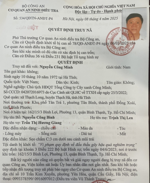 Truy nã đặc biệt Chủ tịch HĐQT Tổng Công ty Cây xanh Công Minh - Ảnh 1.