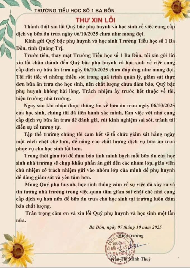 Hiệu trưởng báo cáo và viết thư xin lỗi sau bữa ăn 25.000 đồng gây xôn xao- Ảnh 1.