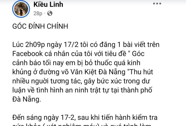 Facebook &quot;Kiều Linh&quot; đã đính chính sự việc.