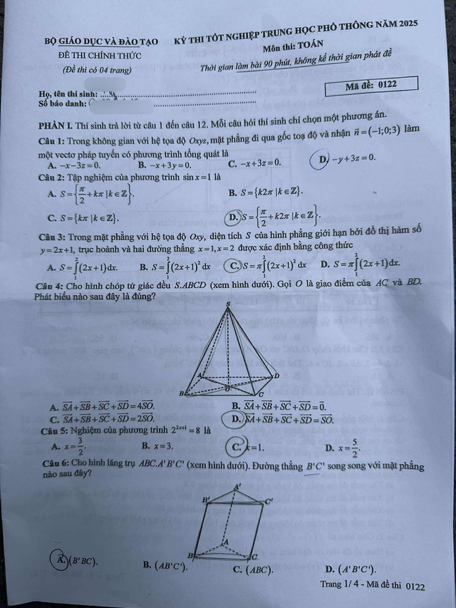 Đáp án môn Toán thi tốt nghiệp THPT 2025 mã đề 0122 nhanh nhất, đầy đủ nhất- Ảnh 1. Đáp án môn Toán thi tốt nghiệp THPT 2025 mã đề 0122 nhanh nhất, đầy đủ nhất- Ảnh 1.
