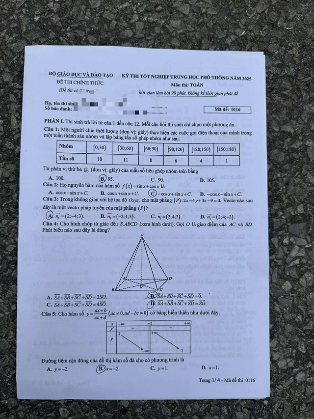 Đáp án môn Toán thi tốt nghiệp THPT 2025 mã đề 0116 nhanh nhất, đầy đủ nhất- Ảnh 1. Đáp án môn Toán thi tốt nghiệp THPT 2025 mã đề 0116 nhanh nhất, đầy đủ nhất- Ảnh 1.