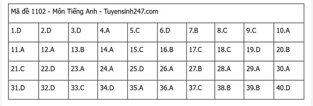 Đáp án môn tiếng Anh thi tốt nghiệp THPT 2025 mã đề 1102 nhanh nhất, đầy đủ nhất- Ảnh 1. Đáp án môn tiếng Anh thi tốt nghiệp THPT 2025 mã đề 1102 nhanh nhất, đầy đủ nhất- Ảnh 1.