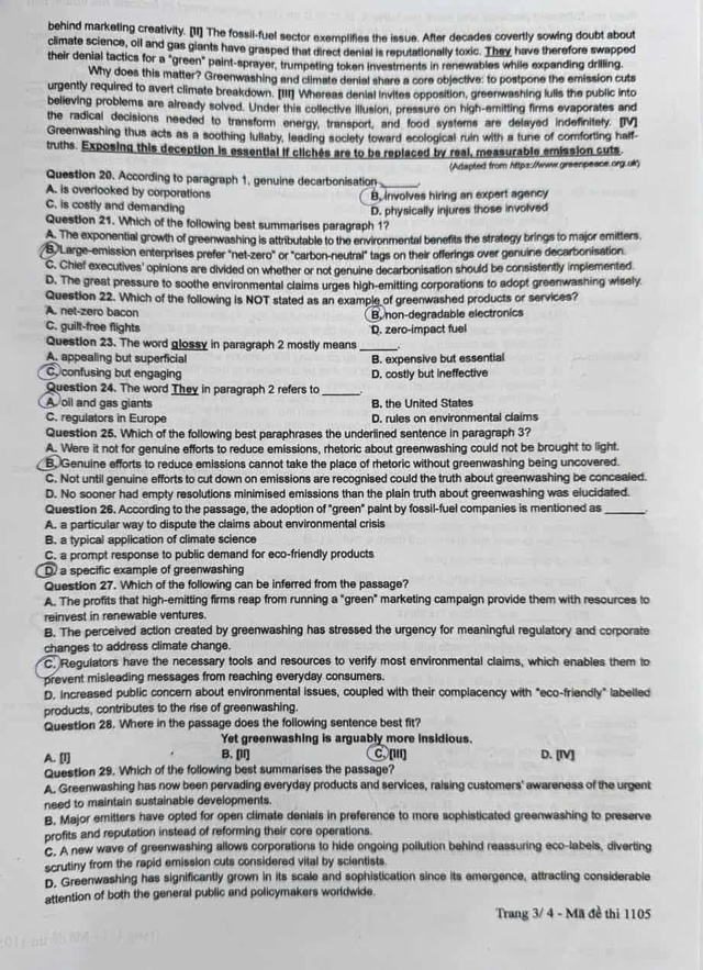 Đáp án môn tiếng Anh thi tốt nghiệp THPT 2025 mã đề 1105 nhanh nhất, đầy đủ nhất- Ảnh 3. Đáp án môn tiếng Anh thi tốt nghiệp THPT 2025 mã đề 1105 nhanh nhất, đầy đủ nhất- Ảnh 3.