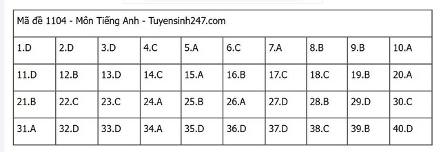 Đáp án môn tiếng Anh thi tốt nghiệp THPT 2025 mã đề 1104 nhanh nhất, đầy đủ nhất- Ảnh 5. Đáp án môn tiếng Anh thi tốt nghiệp THPT 2025 mã đề 1104 nhanh nhất, đầy đủ nhất- Ảnh 5.