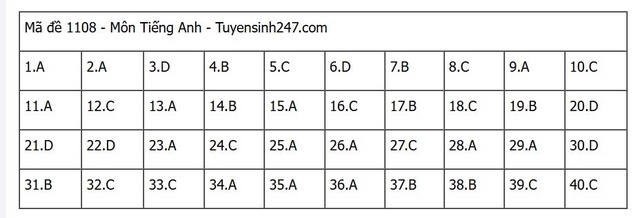 Đáp án môn tiếng Anh thi tốt nghiệp THPT 2025 mã đề 1108 nhanh nhất, đầy đủ nhất- Ảnh 1. Đáp án môn tiếng Anh thi tốt nghiệp THPT 2025 mã đề 1108 nhanh nhất, đầy đủ nhất- Ảnh 1.