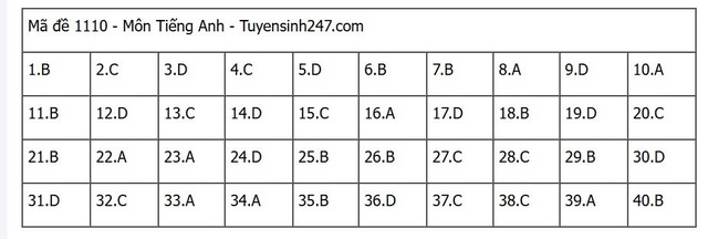 Đáp án môn tiếng Anh thi tốt nghiệp THPT 2025 mã đề 1110 nhanh nhất, đầy đủ nhất- Ảnh 5. Đáp án môn tiếng Anh thi tốt nghiệp THPT 2025 mã đề 1110 nhanh nhất, đầy đủ nhất- Ảnh 5.