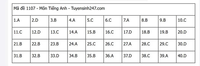Đáp án môn tiếng Anh thi tốt nghiệp THPT 2025 mã đề 1107 nhanh nhất, đầy đủ nhất- Ảnh 1. Đáp án môn tiếng Anh thi tốt nghiệp THPT 2025 mã đề 1107 nhanh nhất, đầy đủ nhất- Ảnh 1.
