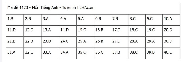 Đáp án môn tiếng Anh thi tốt nghiệp THPT 2025 mã đề 1123 nhanh nhất, đầy đủ nhất- Ảnh 1. Đáp án môn tiếng Anh thi tốt nghiệp THPT 2025 mã đề 1123 nhanh nhất, đầy đủ nhất- Ảnh 1.