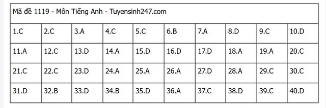 Đáp án môn tiếng Anh thi tốt nghiệp THPT 2025 mã đề 1119 nhanh nhất, đầy đủ nhất- Ảnh 1. Đáp án môn tiếng Anh thi tốt nghiệp THPT 2025 mã đề 1119 nhanh nhất, đầy đủ nhất- Ảnh 1.