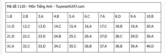 Đáp án môn tiếng Anh thi tốt nghiệp THPT 2025 mã đề 1120 nhanh nhất, đầy đủ nhất- Ảnh 1. Đáp án môn tiếng Anh thi tốt nghiệp THPT 2025 mã đề 1120 nhanh nhất, đầy đủ nhất- Ảnh 1.