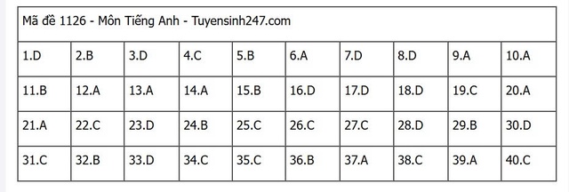 Đáp án môn tiếng Anh thi tốt nghiệp THPT 2025 mã đề 1126 nhanh nhất, đầy đủ nhất- Ảnh 1. Đáp án môn tiếng Anh thi tốt nghiệp THPT 2025 mã đề 1126 nhanh nhất, đầy đủ nhất- Ảnh 1.