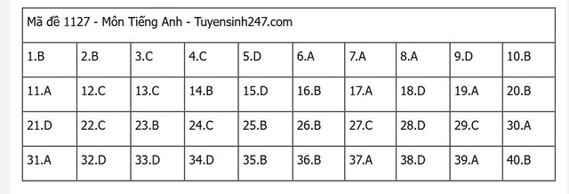 Đáp án môn tiếng Anh thi tốt nghiệp THPT 2025 mã đề 1127 nhanh nhất, đầy đủ nhất- Ảnh 1. Đáp án môn tiếng Anh thi tốt nghiệp THPT 2025 mã đề 1127 nhanh nhất, đầy đủ nhất- Ảnh 1.