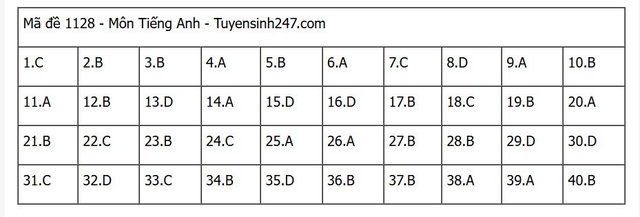 Đáp án môn tiếng Anh thi tốt nghiệp THPT 2025 mã đề 1128 nhanh nhất, đầy đủ nhất- Ảnh 1. Đáp án môn tiếng Anh thi tốt nghiệp THPT 2025 mã đề 1128 nhanh nhất, đầy đủ nhất- Ảnh 1.