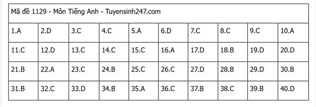 Đáp án môn tiếng Anh thi tốt nghiệp THPT 2025 mã đề 1129 nhanh nhất, đầy đủ nhất- Ảnh 1. Đáp án môn tiếng Anh thi tốt nghiệp THPT 2025 mã đề 1129 nhanh nhất, đầy đủ nhất- Ảnh 1.