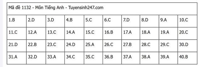 Đáp án môn tiếng Anh thi tốt nghiệp THPT 2025 mã đề 1132 nhanh nhất, đầy đủ nhất- Ảnh 1. Đáp án môn tiếng Anh thi tốt nghiệp THPT 2025 mã đề 1132 nhanh nhất, đầy đủ nhất- Ảnh 1.