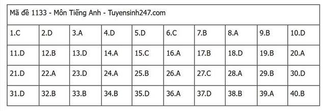 Đáp án môn tiếng Anh thi tốt nghiệp THPT 2025 mã đề 1133 nhanh nhất, đầy đủ nhất- Ảnh 5. Đáp án môn tiếng Anh thi tốt nghiệp THPT 2025 mã đề 1133 nhanh nhất, đầy đủ nhất- Ảnh 5.