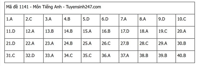 Đáp án môn tiếng Anh thi tốt nghiệp THPT 2025 mã đề 1141 nhanh nhất, đầy đủ nhất- Ảnh 1. Đáp án môn tiếng Anh thi tốt nghiệp THPT 2025 mã đề 1141 nhanh nhất, đầy đủ nhất- Ảnh 1.