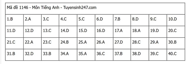 Đáp án môn tiếng Anh thi tốt nghiệp THPT 2025 mã đề 1146 nhanh nhất, đầy đủ nhất- Ảnh 1. Đáp án môn tiếng Anh thi tốt nghiệp THPT 2025 mã đề 1146 nhanh nhất, đầy đủ nhất- Ảnh 1.
