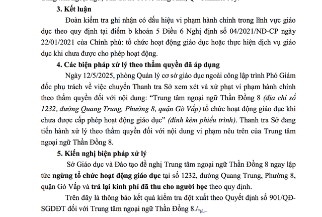 Tp.HCM yêu cầu ngừng hoạt động trung tâm ngoại ngữ Thần Đồng 8, hoàn trả phí cho người học- Ảnh 1. Tp.HCM yêu cầu ngừng hoạt động trung tâm ngoại ngữ Thần Đồng 8, hoàn trả phí cho người học- Ảnh 1.