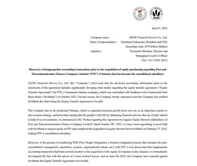 AEON Financial Services muốn hủy thương vụ mua công ty tài chính của SeABank- Ảnh 1. AEON Financial Services muốn hủy thương vụ mua công ty tài chính của SeABank- Ảnh 1.