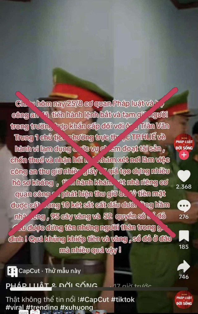 Xác minh tài khoản Tiktok lan truyền tin một Chủ tịch phường ở Huế bị bắt, thu giữ nhiều sổ đỏ và vàng- Ảnh 1.