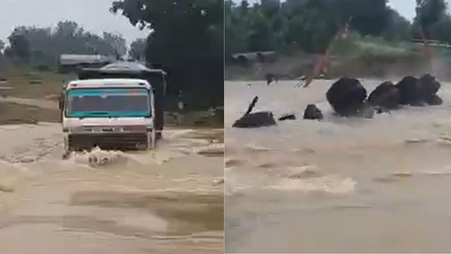 Tài xế xe tải mất tích khi cố lái xe vượt qua dòng nước lũ - Ảnh 1.