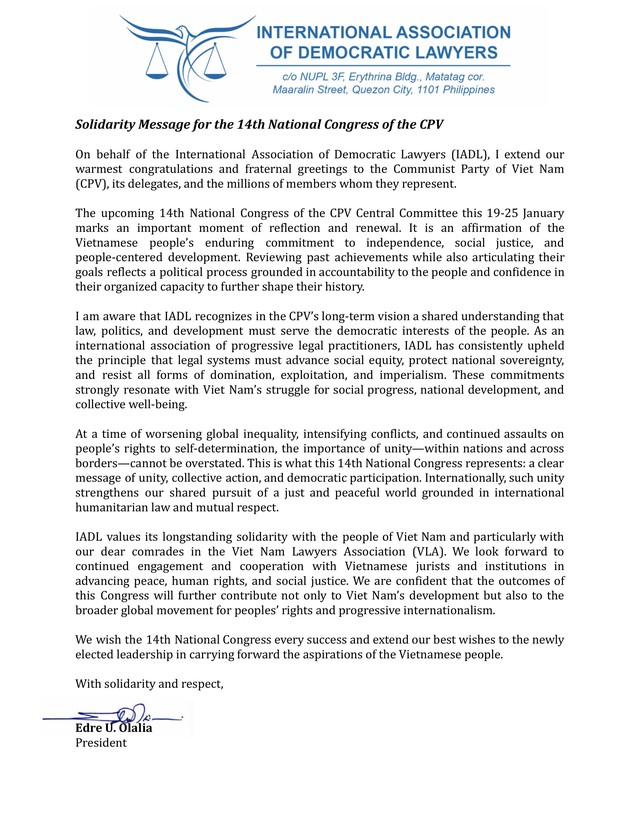 Luật gia quốc tế ch&uacute;c mừng Việt Nam nh&acirc;n dịp Đại hội XIV của Đảng - Ảnh 1.