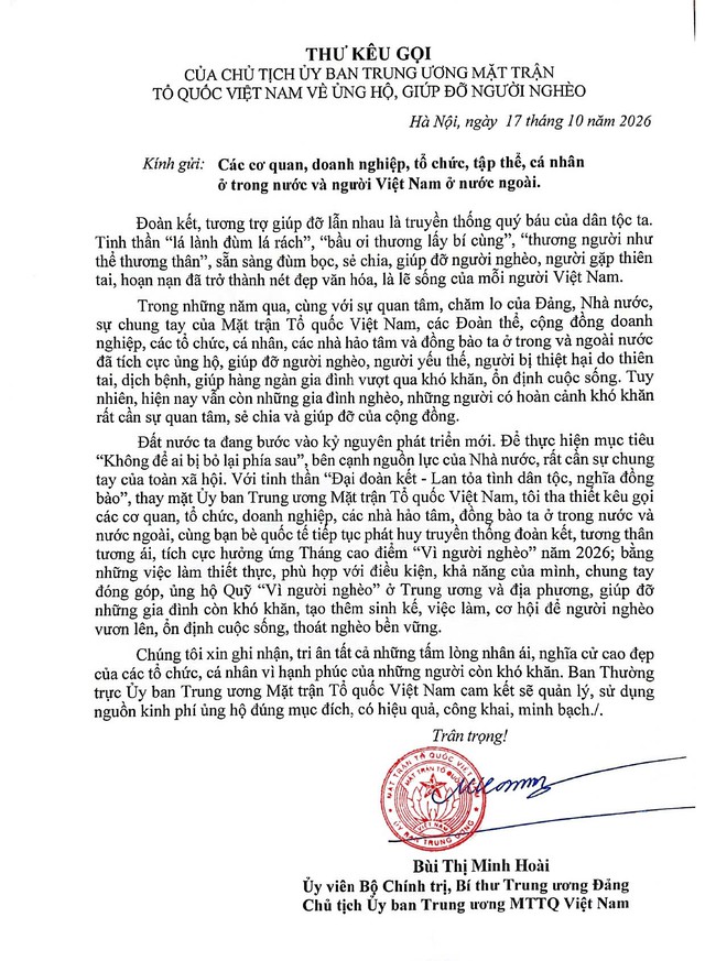Chủ tịch Ủy ban Trung ương MTTQ Việt Nam gửi thư kêu gọi ủng hộ, giúp đỡ người nghèo - Ảnh 2.