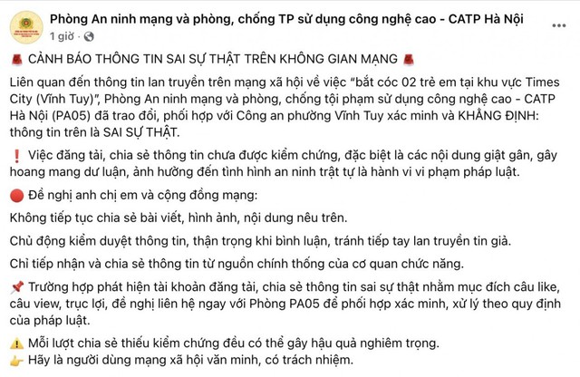 Sự thật th&ocirc;ng tin "2 trẻ em bị bắt c&oacute;c tại khu vực Times City" x&ocirc;n xao mạng x&atilde; hội - Ảnh 2.