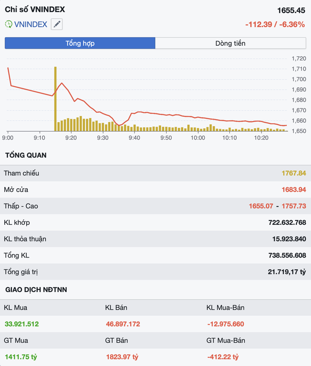 VN-Index giảm hơn 110 điểm trong phiên sáng 9/3, áp lực bán lan rộng - Ảnh 1.